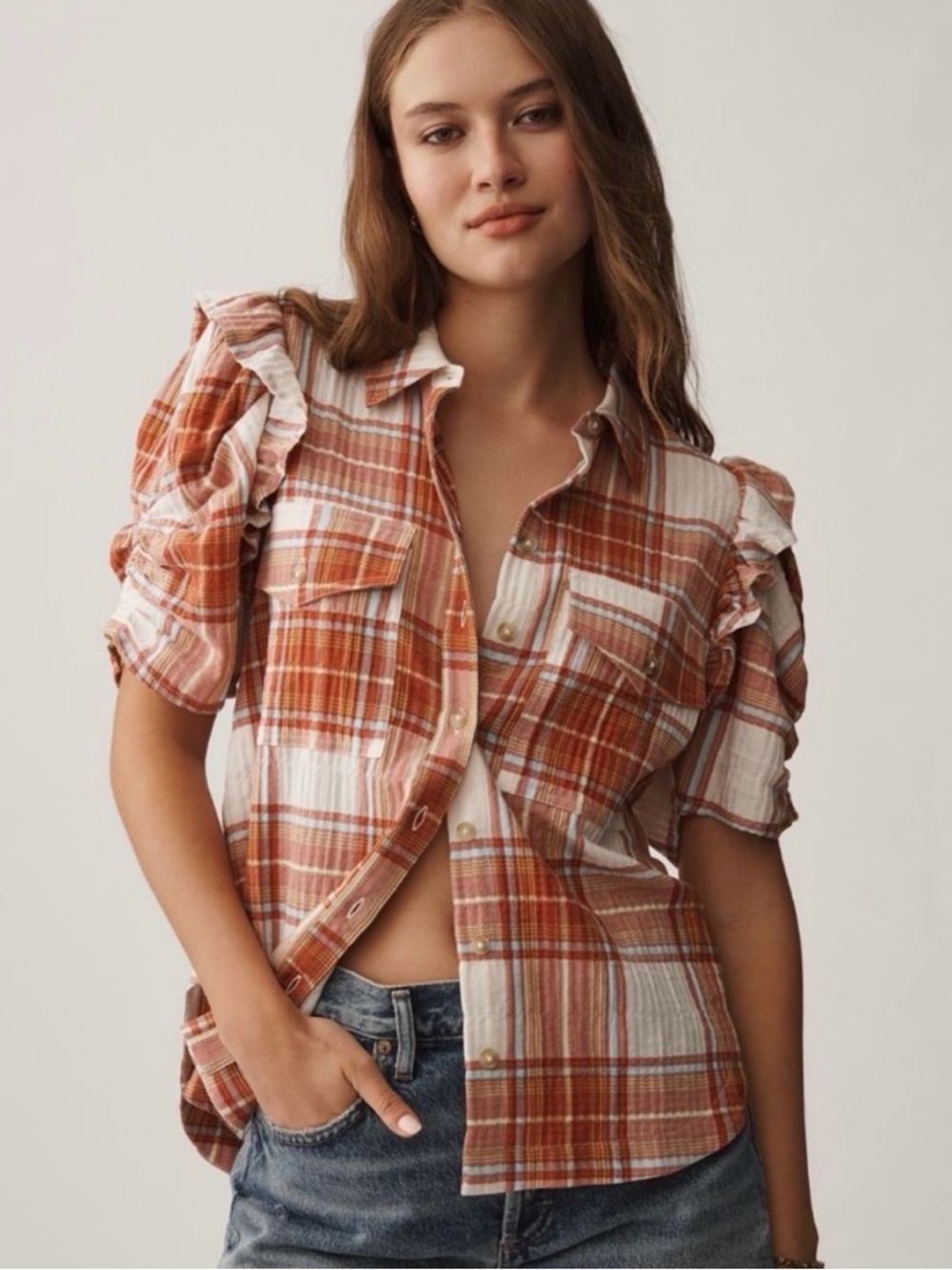 Pilcro - Ruffled Plaid Button-Front Top in Rust, White & Blue